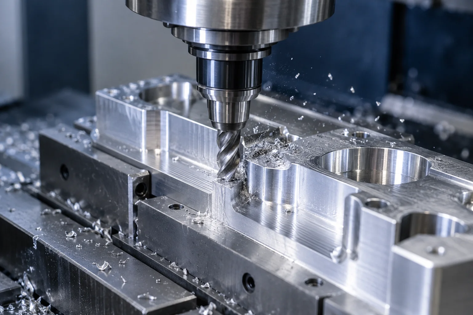 Illustrative close-up of a CNC cutting tool machining an aluminum component