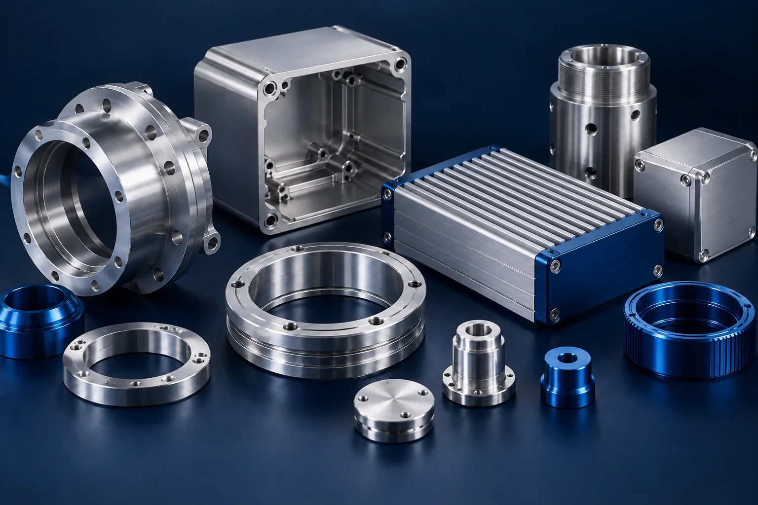 Illustrative machined aluminum housings and precision metal rings with blue anodized details
