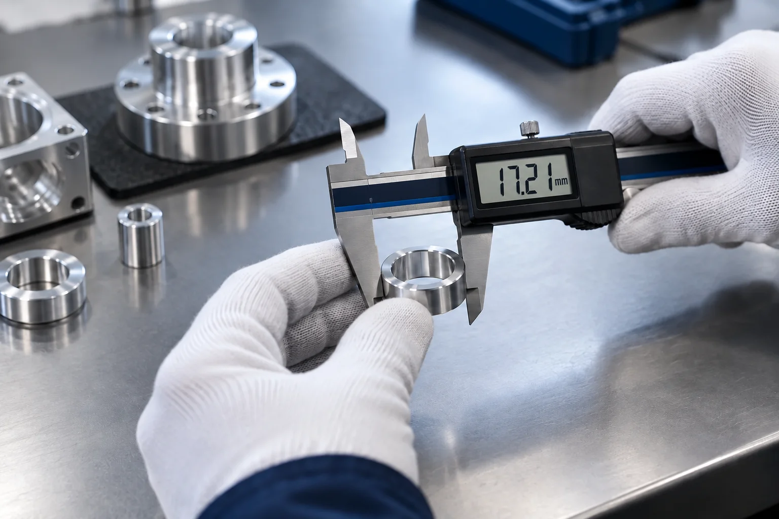 Illustrative precision aluminum ring being checked with a caliper on an inspection bench